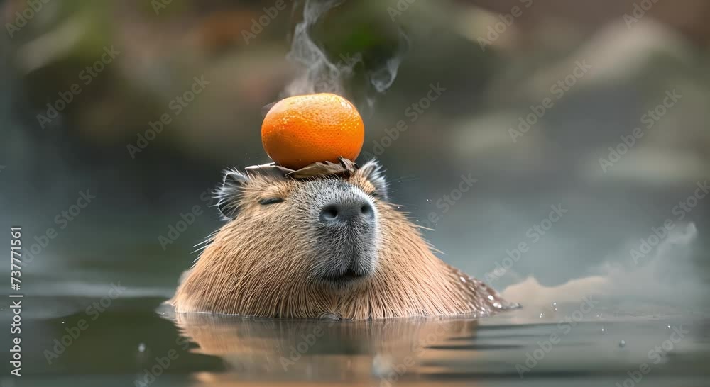 Capybara with an orange on its head chilling in a hot spring