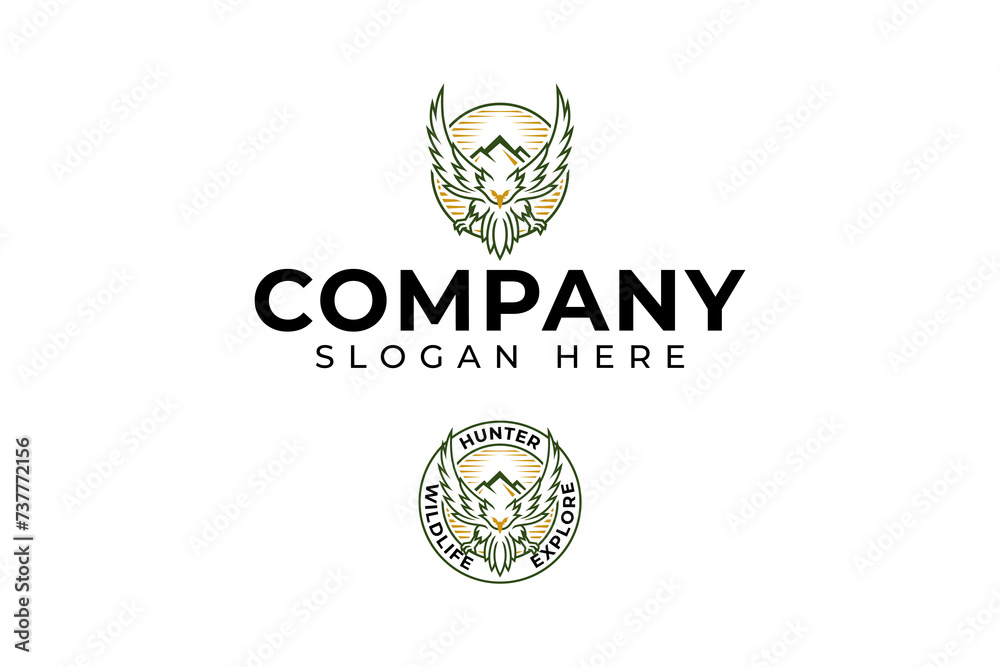 eagle flying with mountain badge logo design for adventure sport business