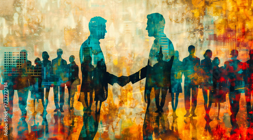 Silhouetted handshake in the business world, symbolizing partnership and cooperation amidst city architecture