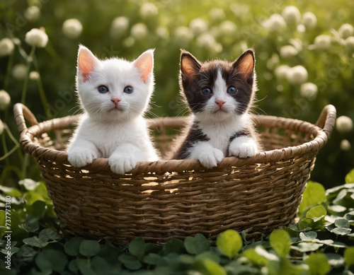 Two cute motley kittens in a basket against a background of nature. Cute animals in the grass
