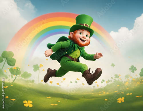 A toy, cartoon Leprechaun rejoices against the background of a rainbow. St.Patrick 's Day. With a red beard and hair, he looks like a gnome and runs through a clearing. photo