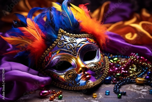 Festive, colorful Mardi Gras or carnivale mask and beads on golden, green and purple background.