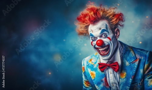 Birthday clown in full costume, looking surprised photo