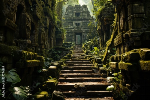 there are stairs leading up to a temple in the jungle