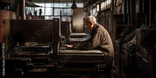 A diligent worker operating machinery in a busy production plant. Concept Industrial Equipment Handling, Efficient Production Workers, Manufacturing Process, Busy Factory Operations, Machinery Skills