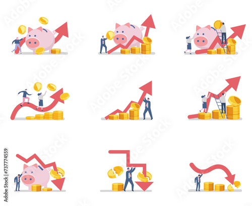 ecession and bankrupt concept illustration set, piggy bank,money and arrow