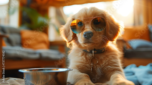 Small shaggy puppy with glasses.