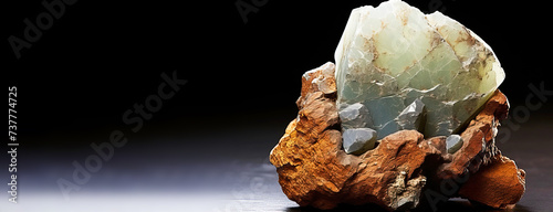 Austinite is a rare precious natural stone on a black background. AI generated. Header banner mockup with space. photo