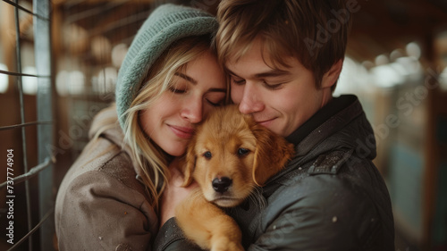Cute puppy in the arms of a young couple.