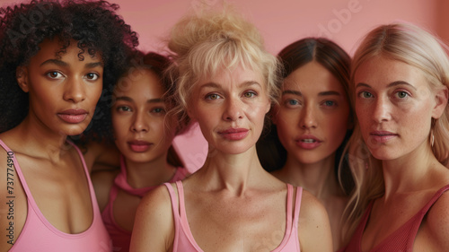 Group of women of different ages in pink T-shirts on a pink background.