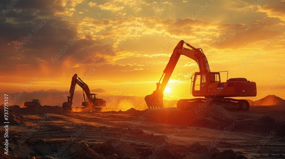 Crawler excavators silhouette are digging the soil in the construction site at sunset background - obrazy, fototapety, plakaty 