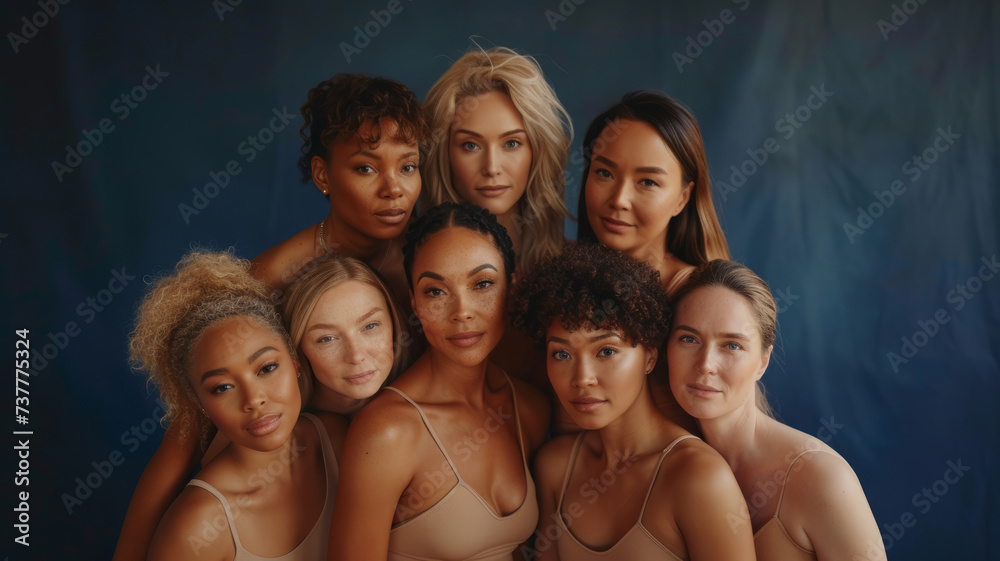 A group of women in flesh-colored bodysuits pose against a dark blue background