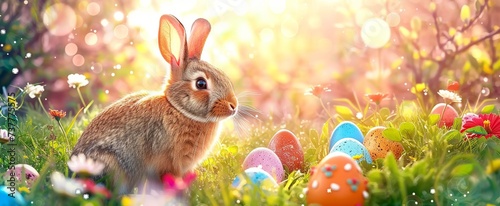 Springtime Delight - Easter Bunny, Decorated Eggs, and Abstract Lights in a Sunlit Meadow. Made with Generative AI Technology