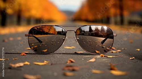 Autumn Reflections: Sunglasses Capturing the Essence of Fall on a Serene Road