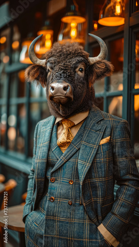 Chic buffalo roams city streets with regal flair, donned in tailored elegance that defines street style. The realistic urban setting captures the majestic fusion of wild charm and contemporary fashion