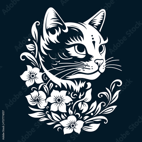 Cat Portrait with Botanical Accents - Black and White Vector Art