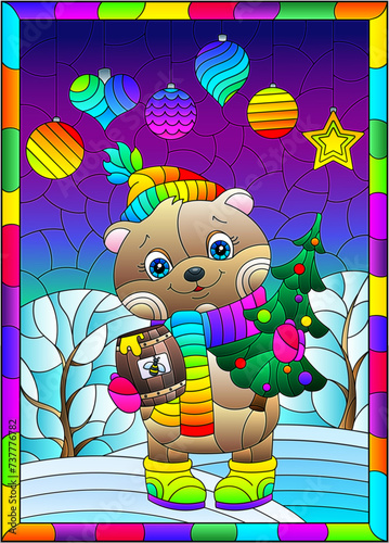 An illustration in the style of a stained glass window with a cartoon bear on the background of a winter landscape