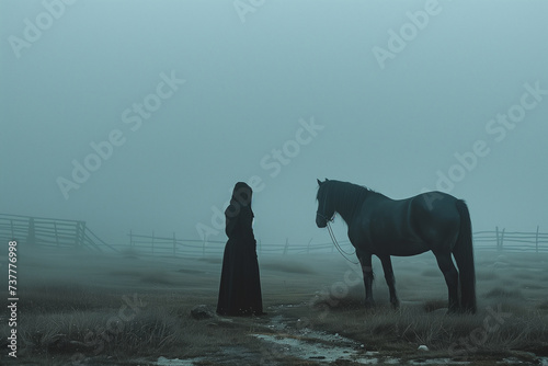 a woman near a horse that is in this foggy evening © boyhey