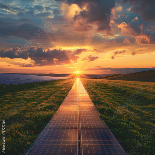 Solar cells forming a path leading to a green future with the sun setting behind promising endless renewable energy