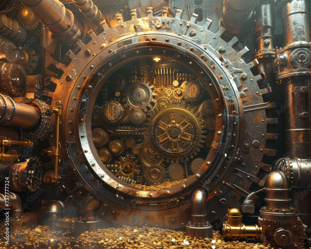 Steampunk vault with mechanical gears moving gold coins and bitcoins in a secure intricate dance of wealth