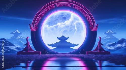 Mystical Gateway  Neon Portal with Moon Over Traditional Pagodas in a Fantasy Landscape