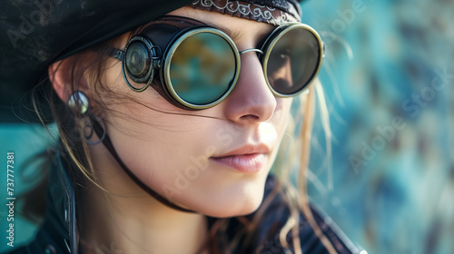 Stylish woman with aviator goggles and leather cap.