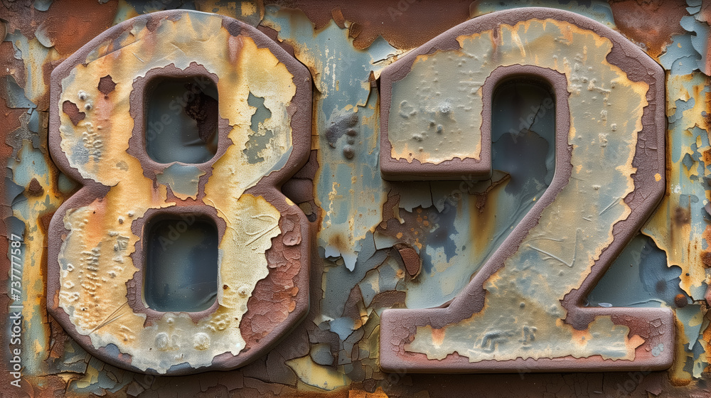 Rusted metal numbers 8 and 2 on peeling paint.