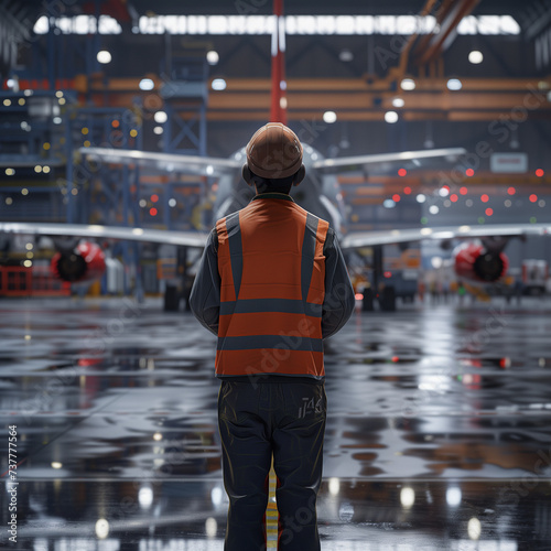 Ingénieur dans l'aérospatiale / aéronautique qui arrive sur le chantier d'un nouvel avion type Airbus A380, en construction en Europe. L'homme porte son équipement de sécurité, casque et vêtements photo