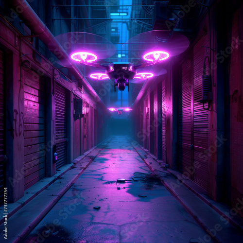 Through dark cyber alleys a neon hackers drone scouts for VR vulnerabilities a beacon of security photo