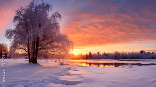Celestial Fire Show: A Mesmerizing Display of a Fiery Winter Sunrise against the Snow-laden Landscape