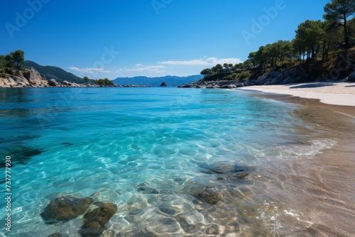 A rocky beach with clear water under a beautiful sky