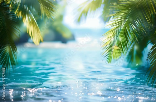 Tropical Bliss - Bokeh Lights and Palm Tree Leaves against a Blurred Blue Sky and Sea - Embracing the Summer Vacation Vibe. Made with Generative AI Technology