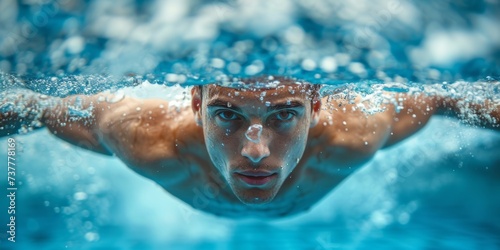 Close up of man swims in the pool.