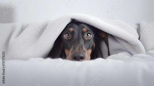 Cute doberman puppy dog covered wrapped with a wool cozy plush blanket copy space pet banner for text template. 
