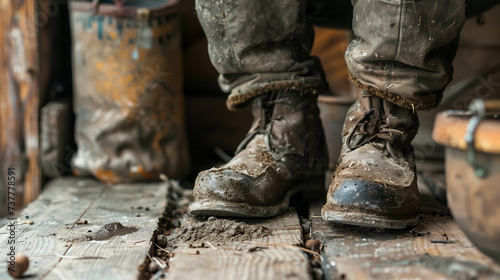 Muddy boots on a well-worn wooden floor.