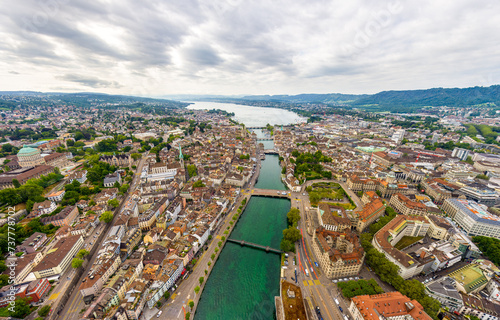 Zurich, Switzerland. Panorama of the city in cloudy weather. Summer day. Aerial view