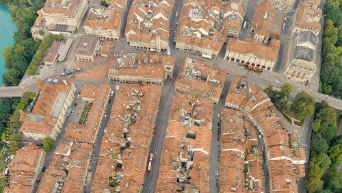 Bern, Switzerland. Historic street Kramgasse. Panorama of the city with a view of the historical center. Summer morning, Aerial View photo