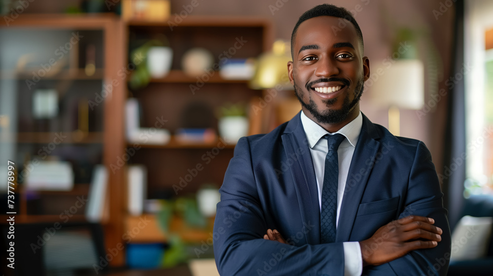Confident businessman smiling in a modern office. Confident businessman smiling in a modern office.