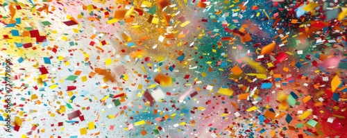 Vibrant confetti bursts in the air, creating a festive atmosphere against a blurred background, capturing the essence of movement and celebration.