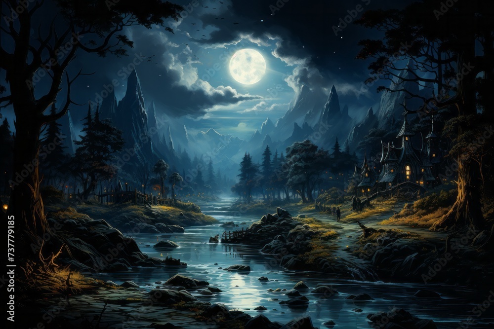 Full moon illuminates river in forest, creating a mystical natural landscape
