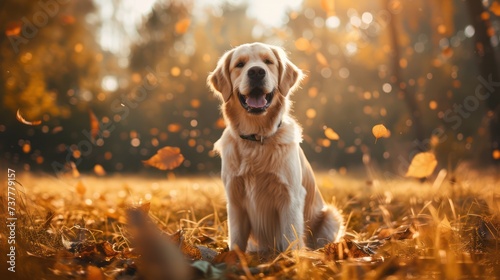 Happy golden retriever dog on Spring nature background, wide web banner. Spring activities for dogs. Fall Care Advice For Dogs. Preparing dog for walks in autumn and