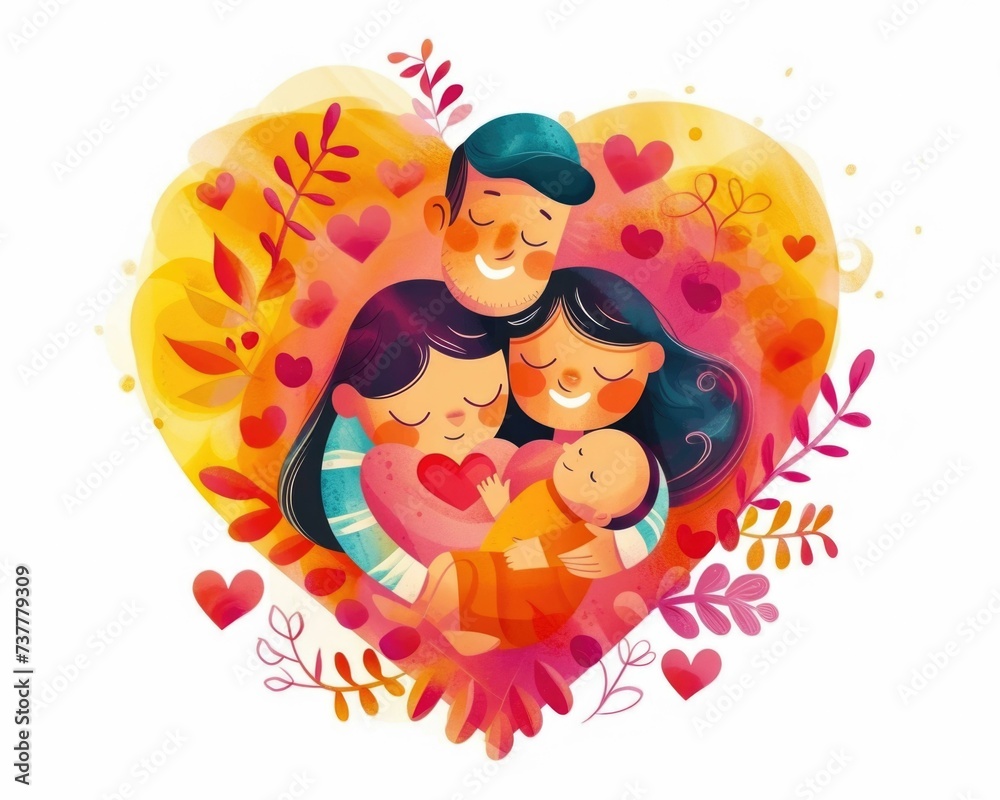 Happy family embracing in heart shape illustration with soft brushstrokes and strong lines, depicting love, togetherness, and joy. Generative AI.