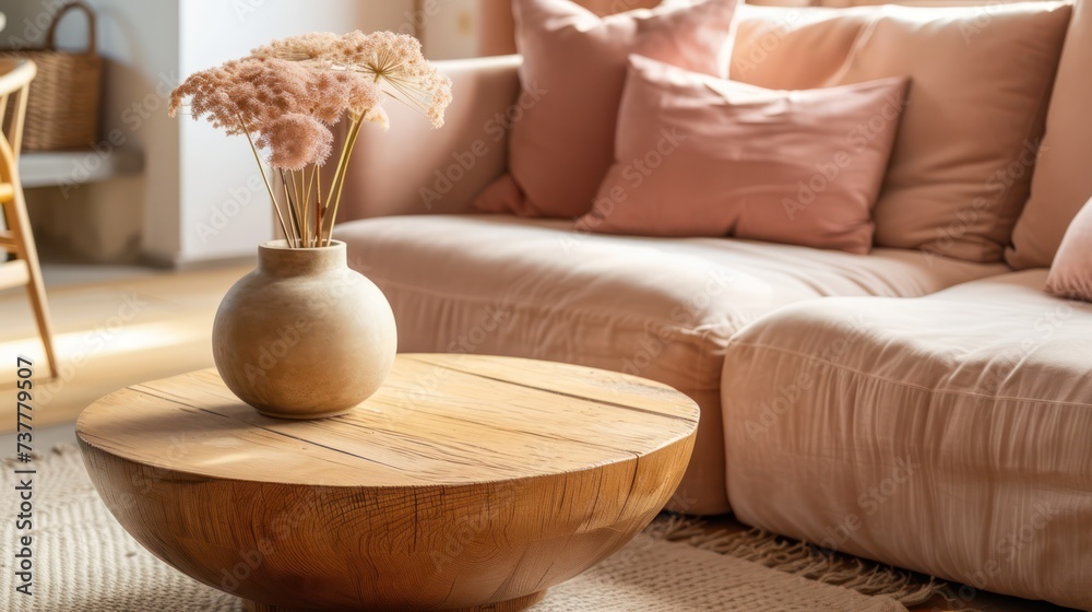 An understated living space featuring a wooden coffee table placed adjacent to a sofa, depicted in a close-up view. The decor highlights fashionable peach tones. - obrazy, fototapety, plakaty 