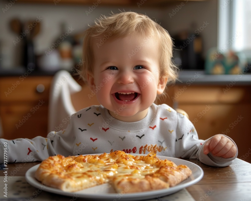 A baby is smiling in front of a slice of pizza. Generative AI. A baby is smiling in front of a slice of pizza. Generative AI.