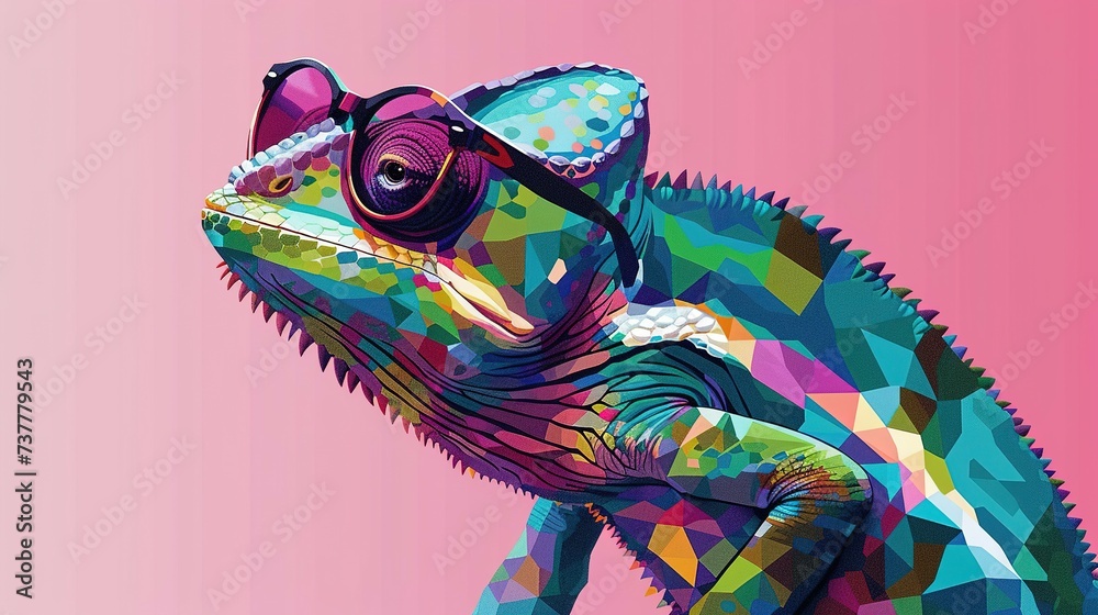 chameleon wearing sunglasses on a solid color background, vector art, digital art, faceted, minimal, abstract, panorama background. Generative AI