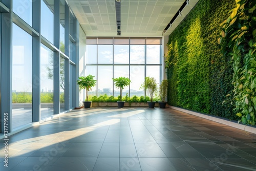 A contemporary office environment featuring a vertical garden wall and expansive windows.