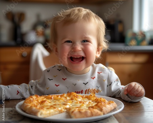 A baby is smiling in front of a slice of pizza. Generative AI.