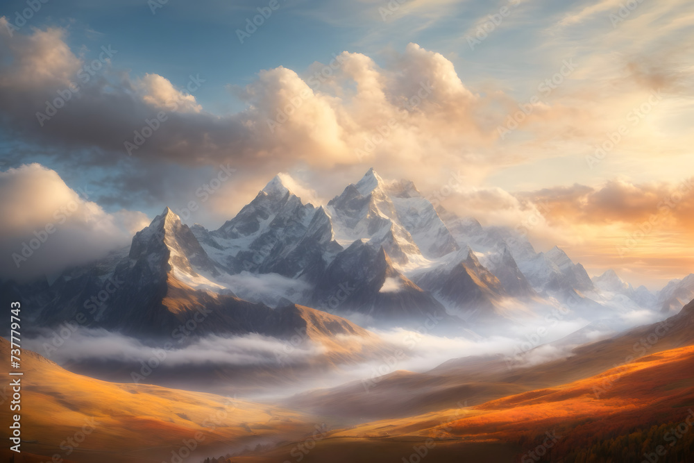 A landscape of mountains with clouds