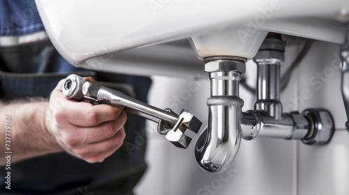The hands of a plumbing professional gripping a pipe wrench to adjust the chrome P-trap beneath a white sink.