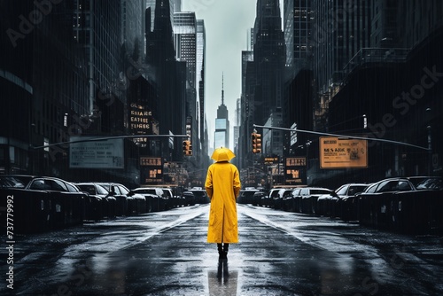 a person in a yellow raincoat walking down a street in a city